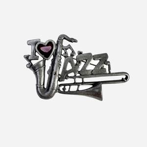 Danecraft Brooch I Love Jazz Saxophone Enamel Heart Gray Pewter Signed Pin Vtg